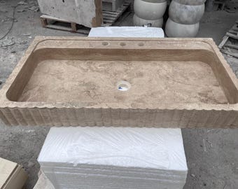 Fluted Travertine Sink Double Faucet, Handmade Stone Bathroom Basin, Natural Stone Vanity Sink, Custom Size Modern Rustic Washbasin