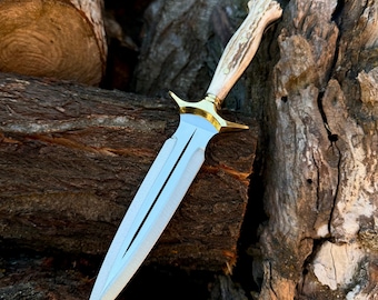 Handmade German Steel Knife with Deer Antler Handle – Personalized Outdoor Knife, Groomsman Gift, Camping Knife, Gift for Him, Compact Bowie