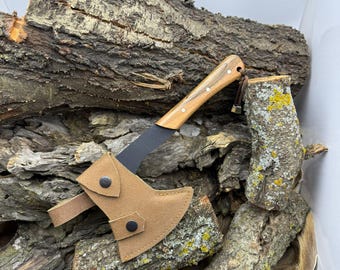 Handmade Steel Camping Axe: Bushcraft Hatchet with Leather Sheath