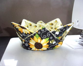 Set of 2 Bowl Cozies - Sunflowers - Bees - 7" Diameter - Microwave Safe - Reversible - Easy Care - CHOOSE Your Set