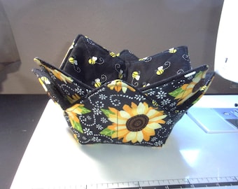 Set of 2 Bowl Cozies - Sunflowers - Bees - 7" Diameter - Microwave Safe - Reversible - Easy Care - CHOOSE Your Set