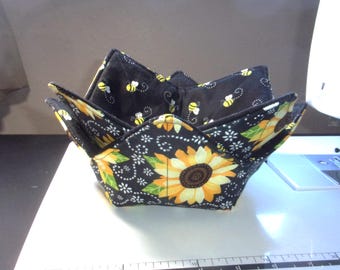 Set of 2 Bowl Cozies - Sunflowers - Bees - 7" Diameter - Microwave Safe - Reversible - Easy Care - CHOOSE Your Set