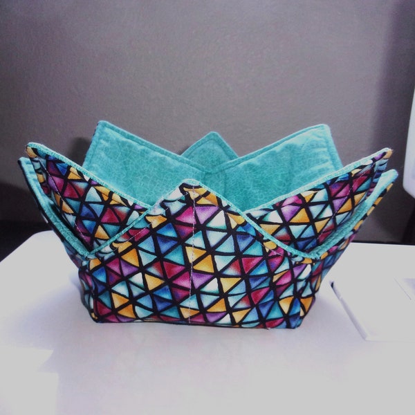 Set of 2 Bowl Cozies - Diamonds - Colorful - Aqua - 7" Diameter - Microwave Safe - Reversible - Easy Care - See Pics