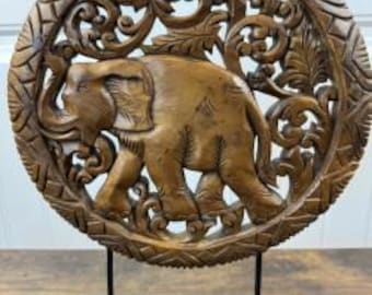 ヴィンテージ 手彫り 木製 象/木 壁掛け タイ アート 8インチ x 4 1/2