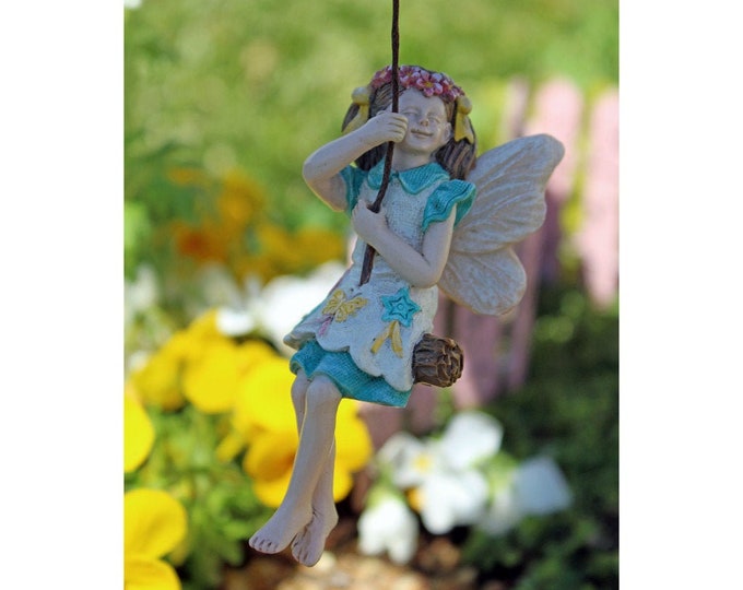 Fairy Kelsey On Her Swing (3.25 in Tall / 6 in Metal String / 2.5 in metal pick) for the Fairy Garden