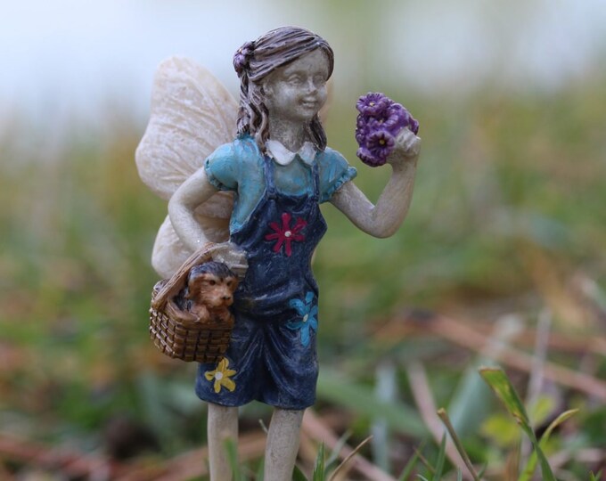 Fairy Maggie with Toby  (3.5" Tal) w/2" Metal Pick in her Fairy Garden