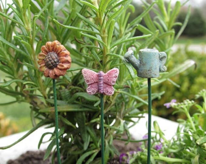 Mini Garden Stakes (5″ Tall) Set-3 Flower/Butterfly/Watering Can for the Fairy Garden