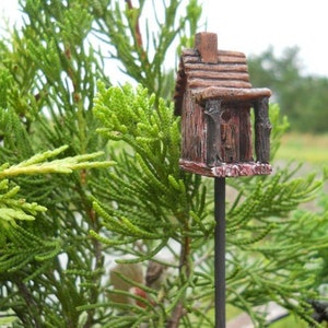 Mini Bird House 1.5″ Tall | 8″ Bamboo Pick for the Fairy Garden