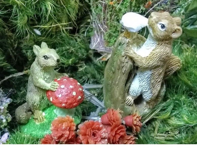 A Little Squirrely (Choose One or the Set) (Holding Red Mushroom  1.25″T) (Standing 1.75″T) 2-Set for the Fairy Garden