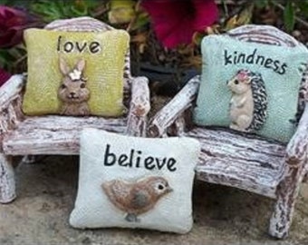 Fairy Pillows (Believe, Fairy Hugs, Friends or Live-Laugh-Love) 1.25 Square (Chairs Not Incl.) for the Fairy Garden