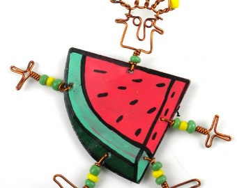 Recycled Tin (Kenya) Dancing Girl Slice of Melon Earrings (1"-2") or Pin (2.5"-3")  (Choose One)