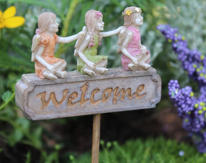 Welcome Trio 3 Fairies .5” Tall | 2” Wide | 6″ Bamboo Pick for the Fairy Garden