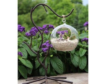 Terrarium with Glass Globe and Metal Stand Adorned with Metal Green Leaves (13.5"H)