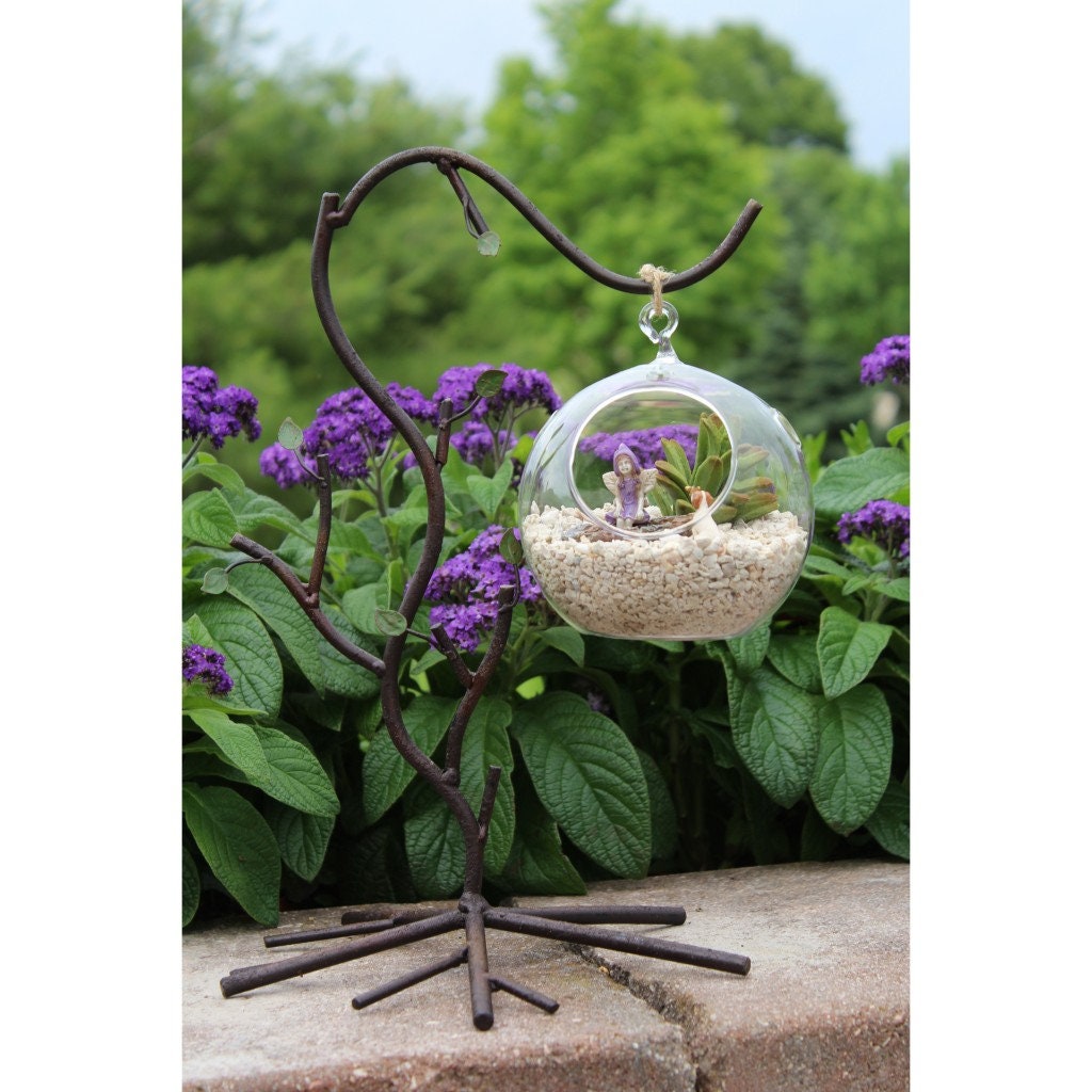 Terrarium with Glass Globe and Metal Stand Adorned with Metal Green