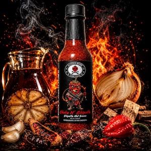 Op de afbeelding: Een glazen fles Danger Berry Core Sauce Choke N' Chipotle hete saus met een zwarte dop en een etiket met een cartoon chili-figuur, een schedel- en kruisbeenderenlogo en de tekst 5 FL OZ (148ml) en REFRIGERATE AFTER OPENING.