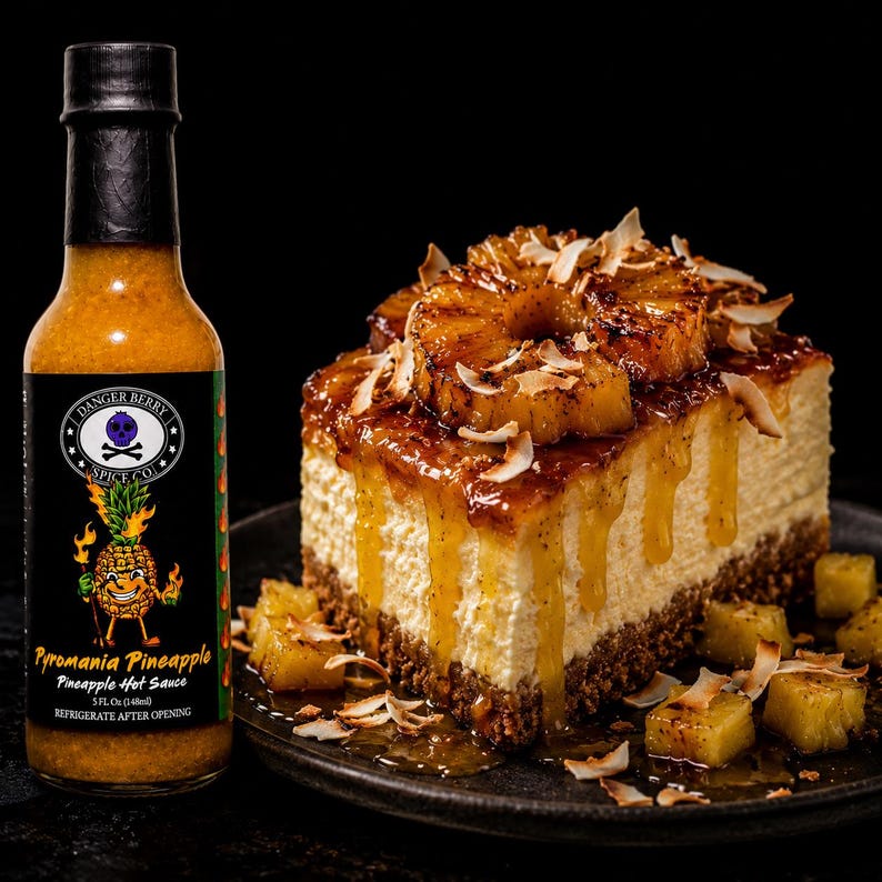 K&ouml;nnte beinhalten: Eine Flasche Danger Berry Spice Co. Pyromania Pineapple scharfe So&szlig;e neben einem quadratischen St&uuml;ck K&auml;sekuchen, belegt mit karamellisierten Ananasringen, Kokosflocken und einer goldenen Glasur, vor einem schwarzen Hintergrund.