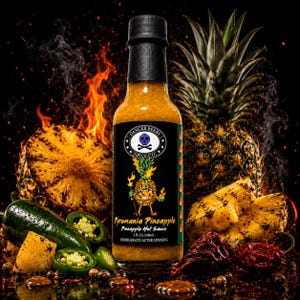K&ouml;nnte beinhalten: Eine Glasflasche mit Pyromania Pineapple scharfer So&szlig;e und schwarzem Verschluss. Das Etikett zeigt eine Ananas-Comicfigur, ein Totenkopf-Logo und den Text Danger Berry Spice Co. Die Flasche enth&auml;lt 148ml gelbe So&szlig;e und ist von Ananas umgeben.