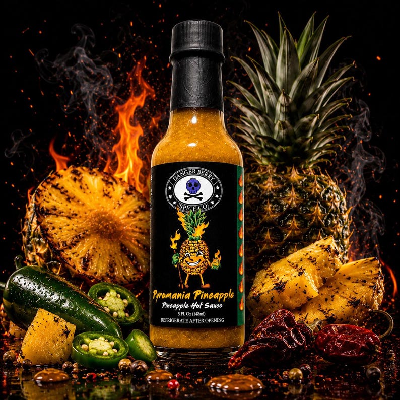 K&ouml;nnte beinhalten: Eine Glasflasche mit Pyromania Pineapple scharfer So&szlig;e und schwarzem Verschluss. Das Etikett zeigt eine Ananas-Comicfigur, ein Totenkopf-Logo und den Text Danger Berry Spice Co. Die Flasche enth&auml;lt 148ml gelbe So&szlig;e und ist von Ananas umgeben.