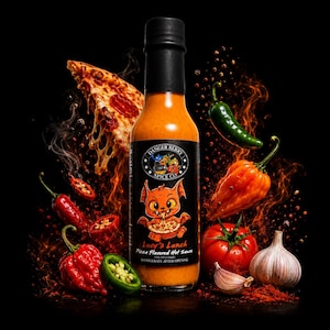May include: A bottle of Danger Berry Spice Co. Lucy's Lunch pizza flavored hot sauce with a black cap. The label features a cartoon creature eating pizza, surrounded by floating red and green peppers, a tomato, garlic, and a slice of pizza.
