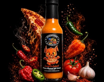 May include: A bottle of Danger Berry Spice Co. Lucy's Lunch pizza flavored hot sauce with a black cap. The label features a cartoon creature eating pizza, surrounded by floating red and green peppers, a tomato, garlic, and a slice of pizza.