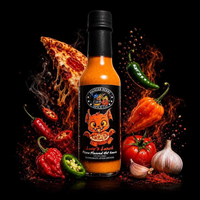 May include: A bottle of Danger Berry Spice Co. Lucy's Lunch pizza flavored hot sauce with a black cap. The label features a cartoon creature eating pizza, surrounded by floating red and green peppers, a tomato, garlic, and a slice of pizza.