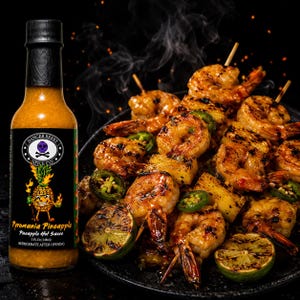 K&ouml;nnte beinhalten: Eine Flasche Pyromania Pineapple Hot Sauce von Danger Berry Spice Co. mit schwarzem Etikett, das eine Ananas-Cartoonfigur und einen Totenkopf zeigt, neben einem Teller mit gegrillten Garnelenspie&szlig;en, Ananasst&uuml;cken, Limetten und Jalape&ntilde;os.