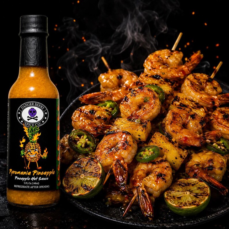 K&ouml;nnte beinhalten: Eine Flasche Pyromania Pineapple Hot Sauce von Danger Berry Spice Co. mit schwarzem Etikett, das eine Ananas-Cartoonfigur und einen Totenkopf zeigt, neben einem Teller mit gegrillten Garnelenspie&szlig;en, Ananasst&uuml;cken, Limetten und Jalape&ntilde;os.