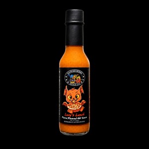May include: A glass bottle of orange hot sauce with a black cap and a black label. The label features a cartoon orange creature eating a slice of pizza, the text Danger Berry Spice Co., and the text Lucy's Lunch Pizza Flavored Hot Sauce 5 fl oz.