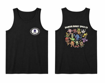 May include: Black tank top with a Danger Berry Spice Co. logo on the front and a colorful cartoon graphic on the back. The front logo features a skull and crossbones. The back graphic shows various cartoon characters.