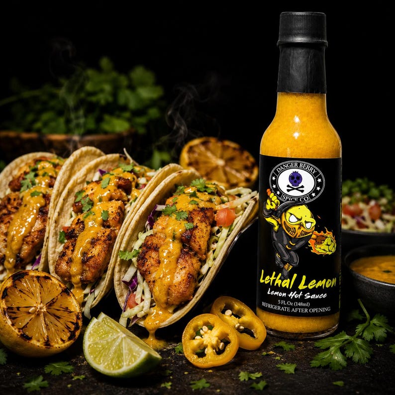 Op de afbeelding: Een glazen fles Danger Berry Spice Co. Lethal Lemon hete saus met een zwarte dop en een etiket met een gele stripfiguur. De fles bevat 148 ml gele saus en staat naast drie vistaco's en partjes limoen op een donkere ondergrond.