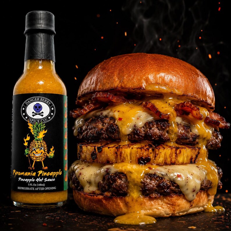 K&ouml;nnte beinhalten: Eine Glasflasche Danger Berry Spice Co. Pyromania Pineapple scharfe So&szlig;e mit schwarzem Verschluss und einem Etikett mit einer Ananas-Illustration, neben einem Doppel-Cheeseburger mit Speck und Ananas, belegt mit geschmolzenem K&auml;se und So&szlig;e.
