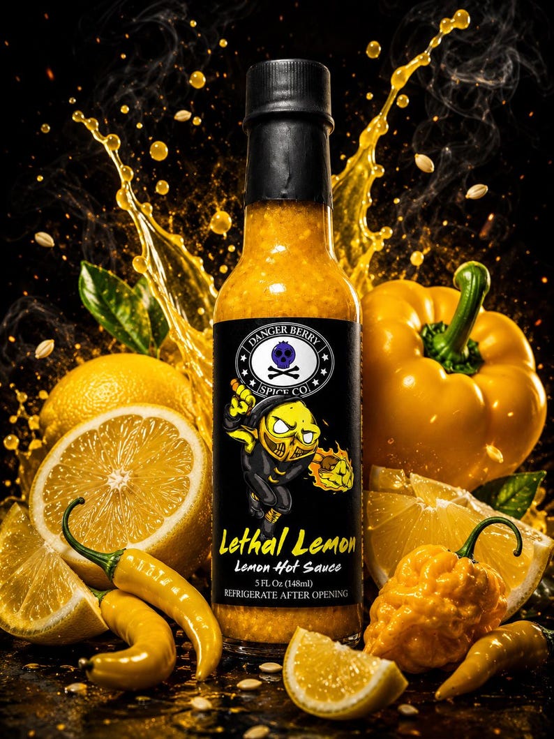 Op de afbeelding: Een fles Danger Berry Spice Co. Lethal Lemon hete saus met een zwarte dop en een etiket met een geel personage en de tekst Lethal Lemon, 148 ml. De fles is omringd door gele citroenen, gele paprika's en gele vloeistofspatten.