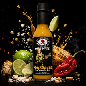 Op de afbeelding: Een glazen fles Maizzacre Street Corn Hot Sauce met een zwarte dop. Het etiket toont een cartoon maïskolf met een kettingzaag, de tekst Danger Berry Gore-Made en de inhoud van 148 ml. De saus heeft een levendige geel-oranje kleur.
