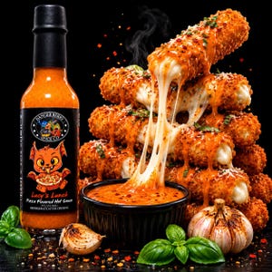 May include: A glass bottle of Danger Berry Spice Co. Lucy's Lunch pizza flavored hot sauce next to a stack of breaded mozzarella sticks with melted cheese, a black bowl of orange dipping sauce, fresh basil leaves, and a head of garlic.