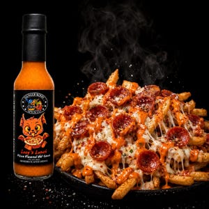 May include: A glass bottle of Danger Berry Spice Co. Lucy's Lunch pizza flavored hot sauce with a black cap, next to a plate of fries topped with melted cheese, pepperoni slices, and orange sauce, with steam rising against a black background.