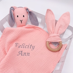 Regalo para bebé, conejito personalizado y juguete arrugado, conejito de peluche, regalos para bebé, conejito de peluche orgánico, regalo de hospital para bebé, regalo para recién nacido