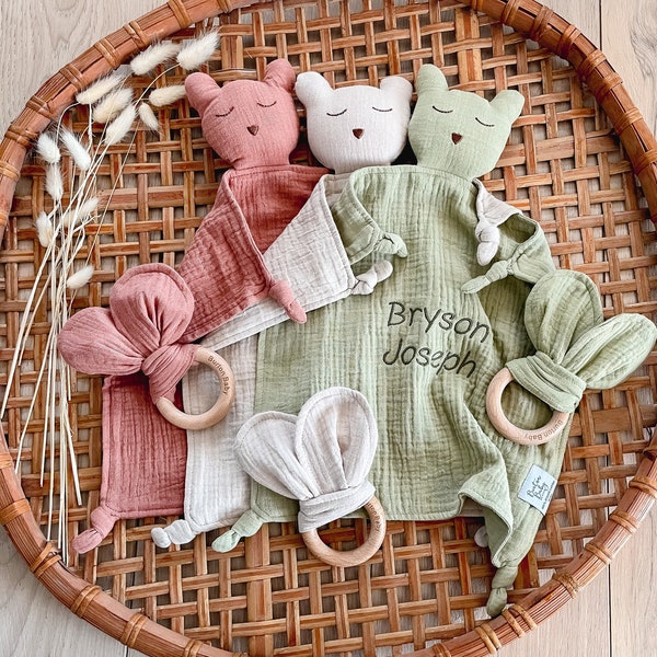 Personalized Sleepy Bear Lovey & Crinkle Toy, Baby Gift, Lovey, Baby Gifts, Organic, Bear Lovey, Animal Lovey, Woodland Nursery