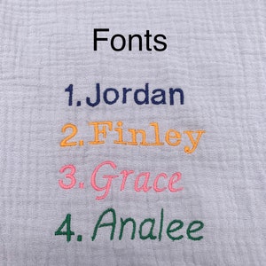 May include: A close-up of a gray fabric with the word "Fonts" printed in black. Four different names are listed below, each with a number and a different color: 1. Jordan (navy blue), 2. Finley (orange), 3. Grace (pink), and 4. Analee (green).