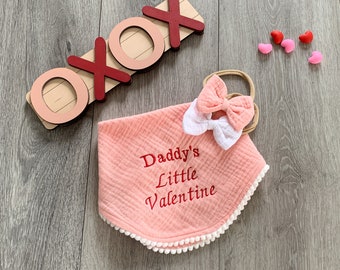 Valentine Baby Bib w/ Two Matching Headbands, Baby Valentines Gift, Bandana Bib, Baby Girl Valentine, Organic, Muslin Baby Bib, Toddler Gift