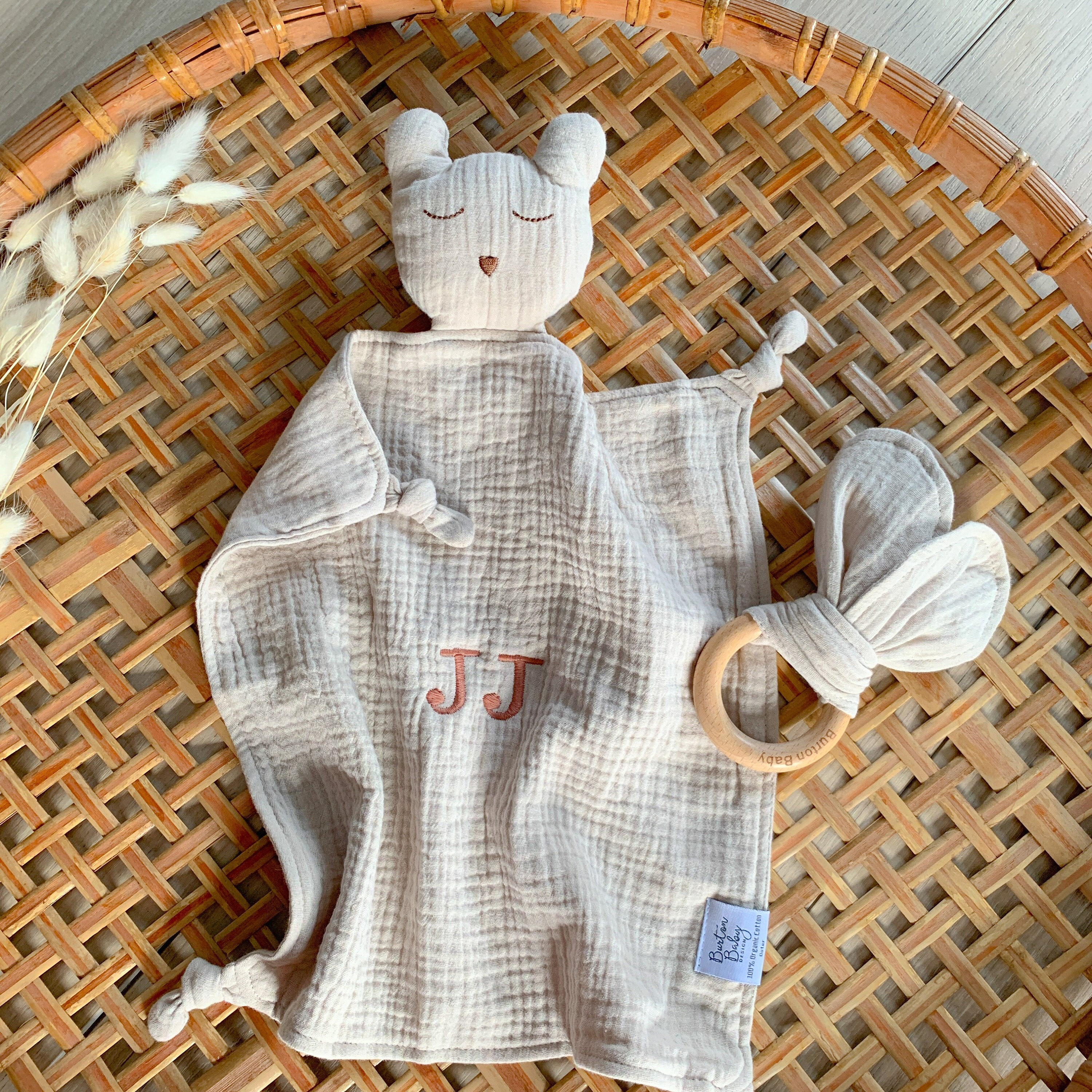 Personalized Bear Lovey & Crinkle Toy, Baby Gift, Lovey, Baby Gifts, Organic, Bear Lovey, Muslin Lovey, Animal Lovey