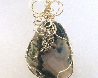 Green Moss Agate Wrapped in Silver Pendant with chain