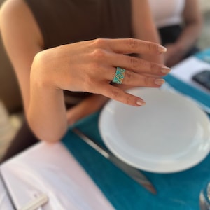 Handwoven Miyuki Beaded Ring – 6 cm Wide Turquoise and Gold Statement Jewelry – Adjustable Boho Style Gift for Her