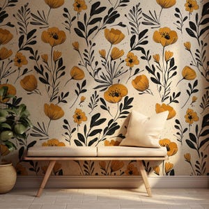 Floral Autumn Wallpaper | Bold Mustard Floral Scandinavian Wallpaper | Vintage Wallpaper | Removable Wallpaper | Peel and Stick Wallpaper