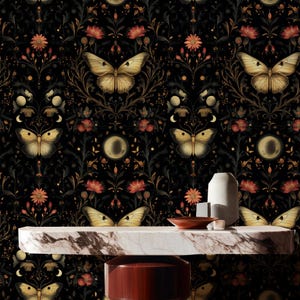 Dark Vintage Colorful Butterfly and Pink Floral Wallpaper | Vintage Butterfly Wallpaper | Removable Wallpaper | Peel and Stick Wallpaper