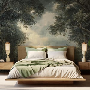 Vintage Landscape Wallpaper | Panoramic Trees Landscape Wallpaper | Dark Forest Wallpaper | Removable Wallpaper | Peel and Stick Wallpaper