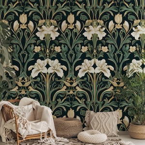 Green Floral Art Nouveau Wallpaper | Traditional Wallpaper | Vintage Victorian Wallpaper | Removable Wallpaper | Peel and Stick Wallpaper