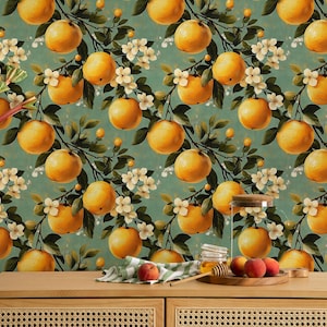 Papel tapiz vintage de color naranja / Papel tapiz de cosecha de naranjas y flores / Papel tapiz de frutas tropicales / Papel tapiz removible / Papel tapiz despegable y adhesivo