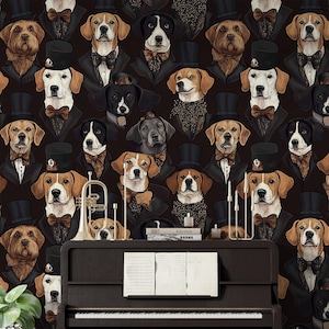 Classy Dog in Tuxedos Wallpaper | Retro Dog Portrait Gothic Wallpaper |  Wallpaper Funky Dog Unique Renters Vintage Animal Luxury Wall Decor