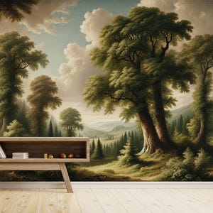 Tree and Hill Landscape Wallpaper | Panoramic Trees Landscape Wallpaper | Forest Wallpaper | Removable Wallpaper | Peel and Stick Wallpaper