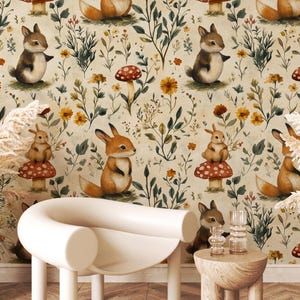Beige Eichhörnchen Tapete | Hasenwald Wallpaper | Tiere und Pilz Wallpaper | Abnehmbare Tapete | Tapete abziehen und aufkleben